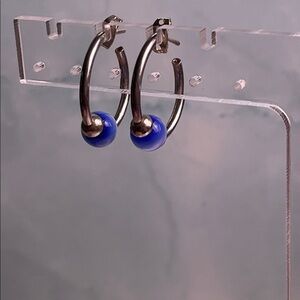 925 Mexico Silver and Blue Bead Hoop Earrings